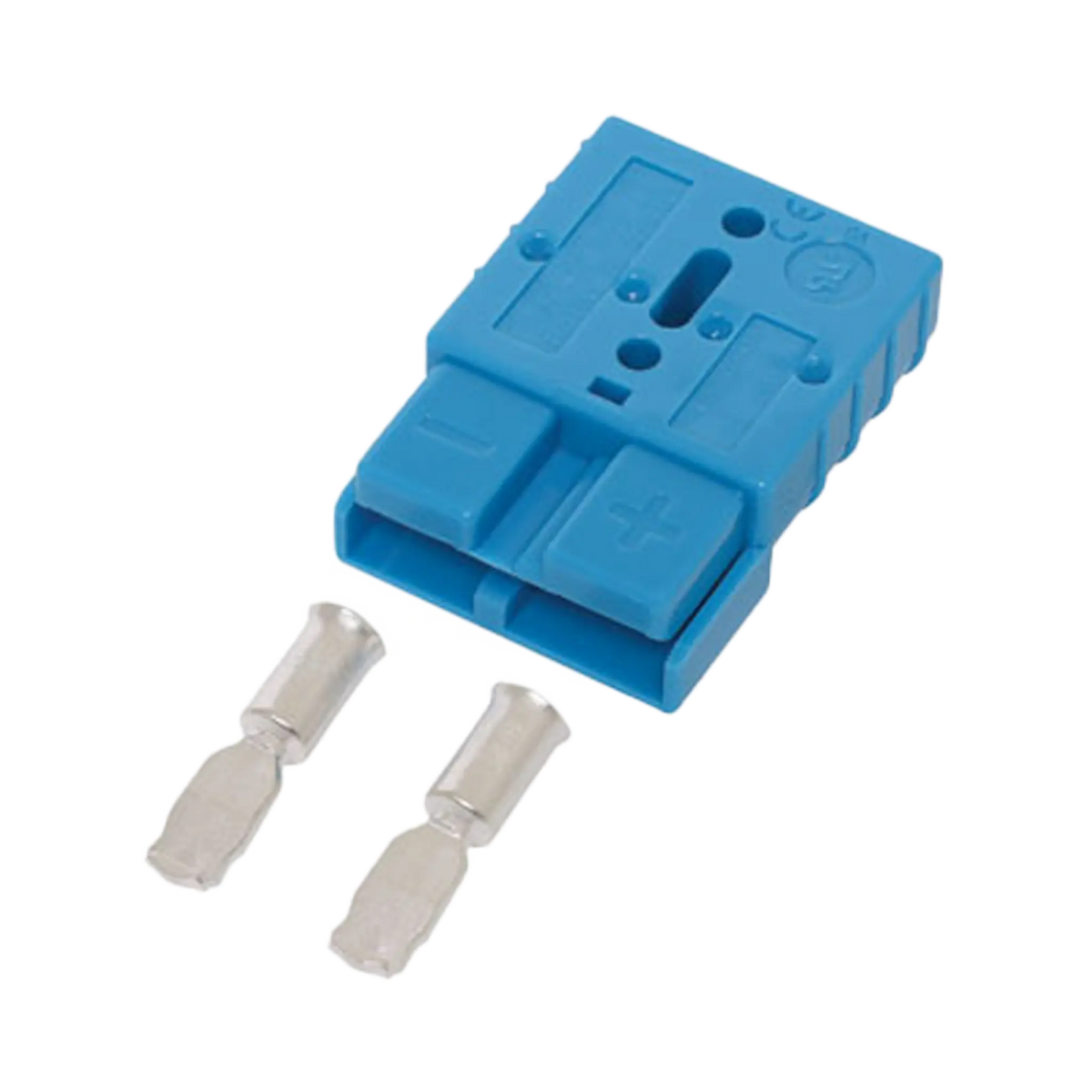 Rekcharge blue 50A Anderson plug housing with two loose metal crimp contacts.