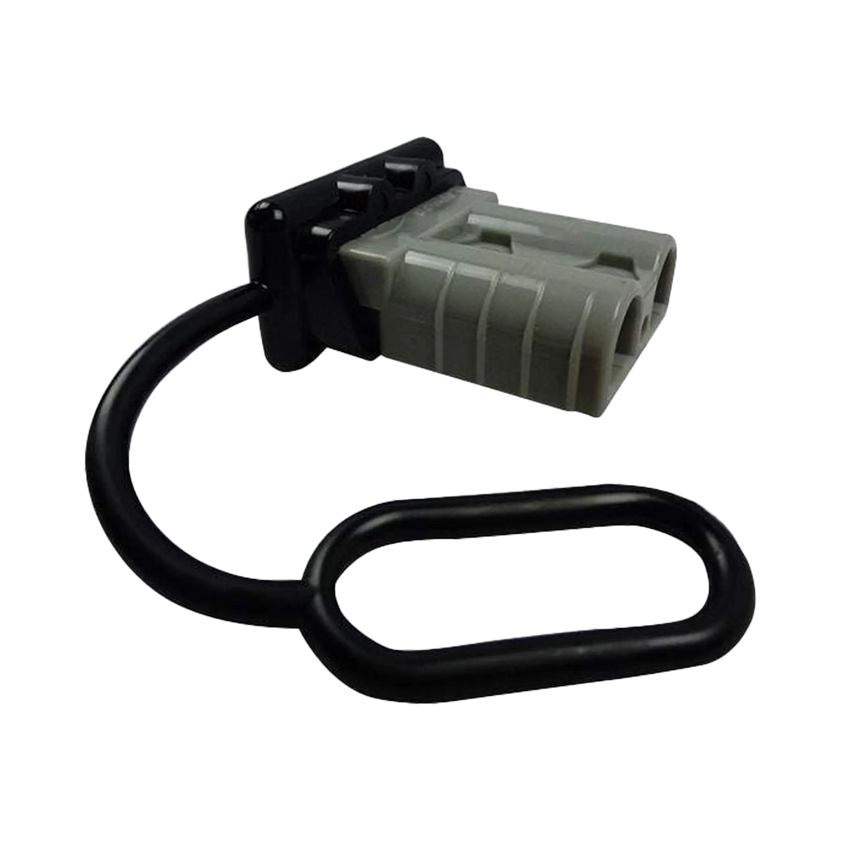 Rekcharge black 50A Anderson plug dust cover fitted to a grey plug with its retaining loop beside it.