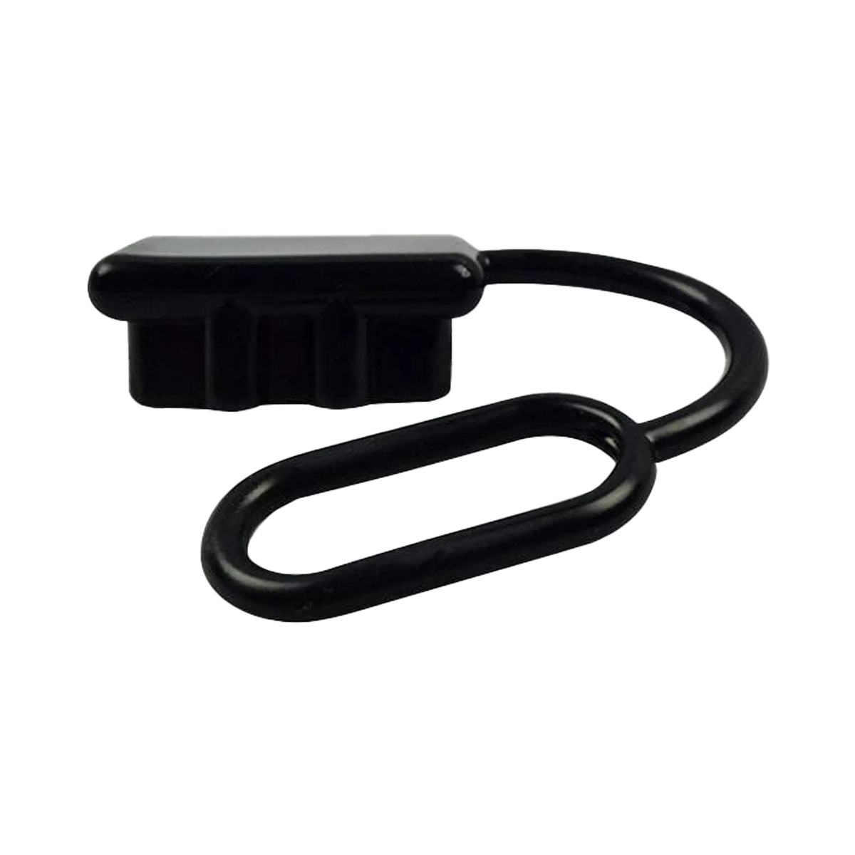 Rekcharge black 50A Anderson plug dust cover side view with a raised rim and curved tether.