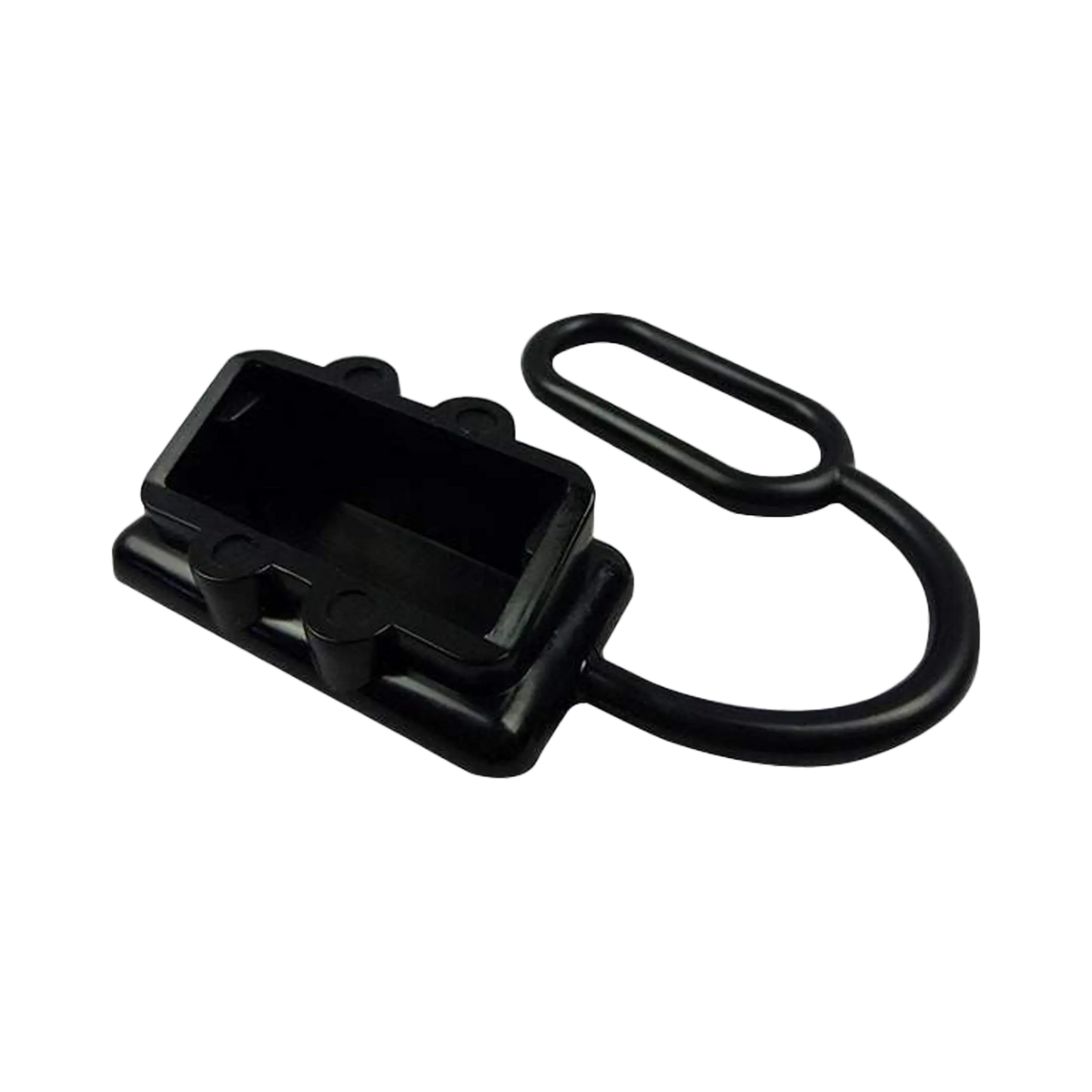 Rekcharge black 50A Anderson plug dust cover in an angled view with its recessed opening and retaining loop visible.