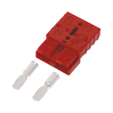 Rekcharge red 50A Anderson plug housing with two metal contacts laid out in front.