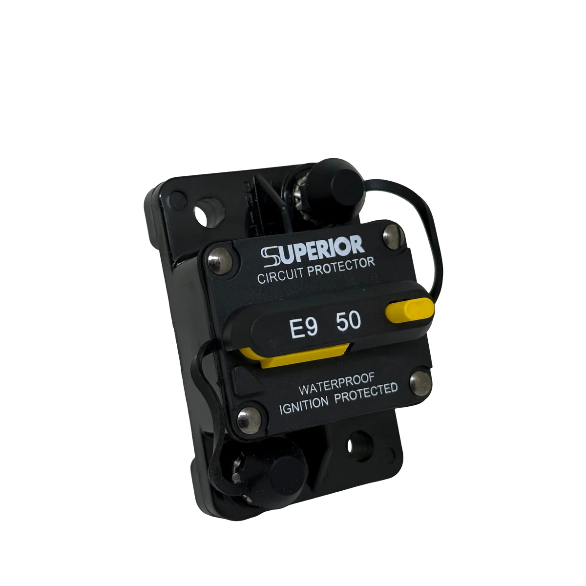 Rekcharge 50A Inline Waterproof Resettable Circuit Breaker angled front-left view.