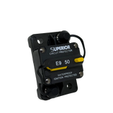 Rekcharge 50A Inline Waterproof Resettable Circuit Breaker angled front-left view.