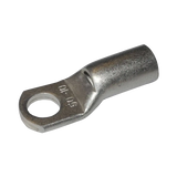 Rekcharge 50mm battery cable lug with a 10mm hole, angled to show its crimp barrel and stamped size.