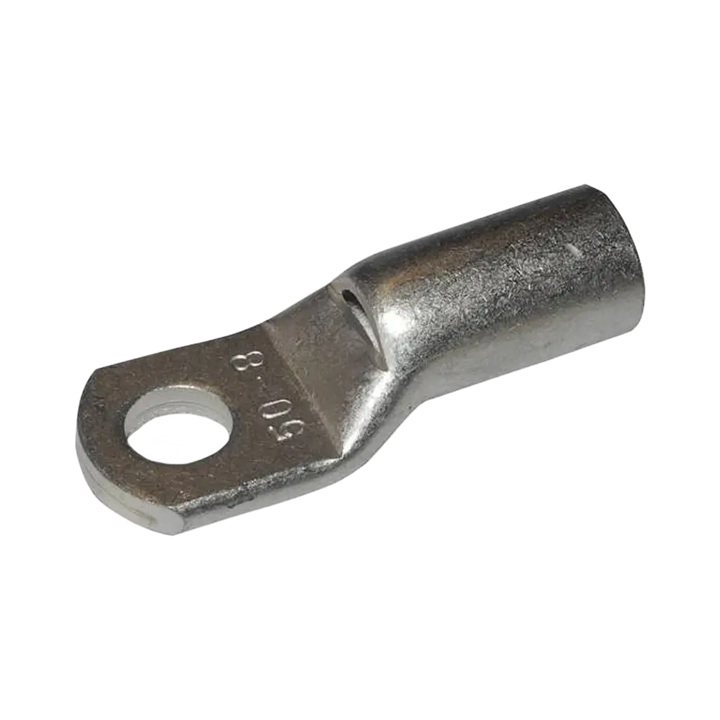 Rekcharge 50mm battery cable lug with an 8mm hole, angled to show its crimp barrel and stamped size.