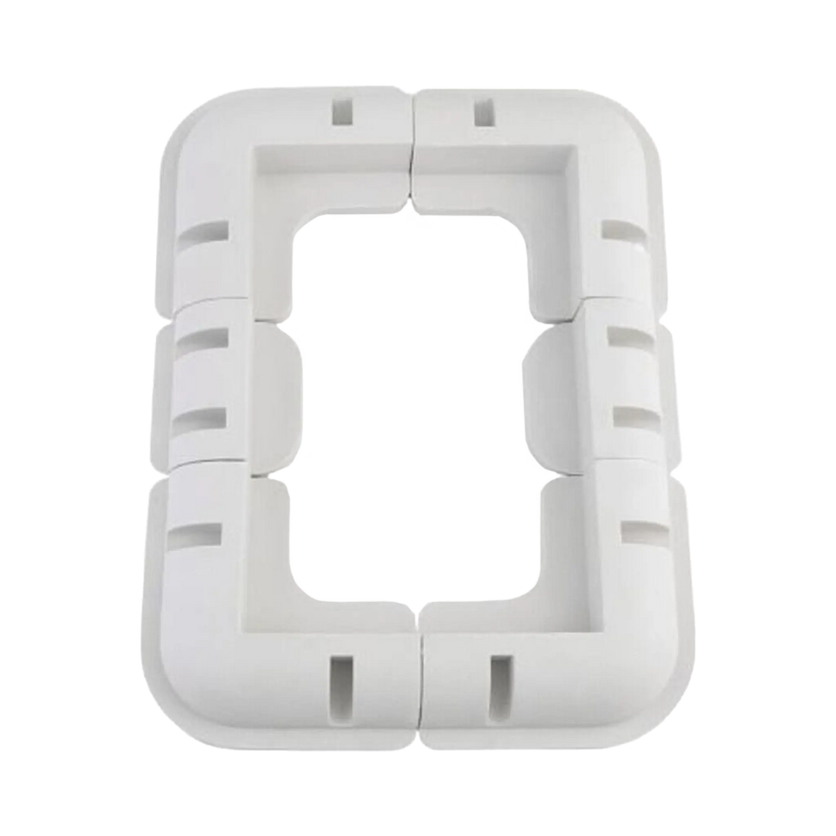 Rekcharge 6 piece white ABS solar panel mounting kit top view with four corner brackets and two side brackets.