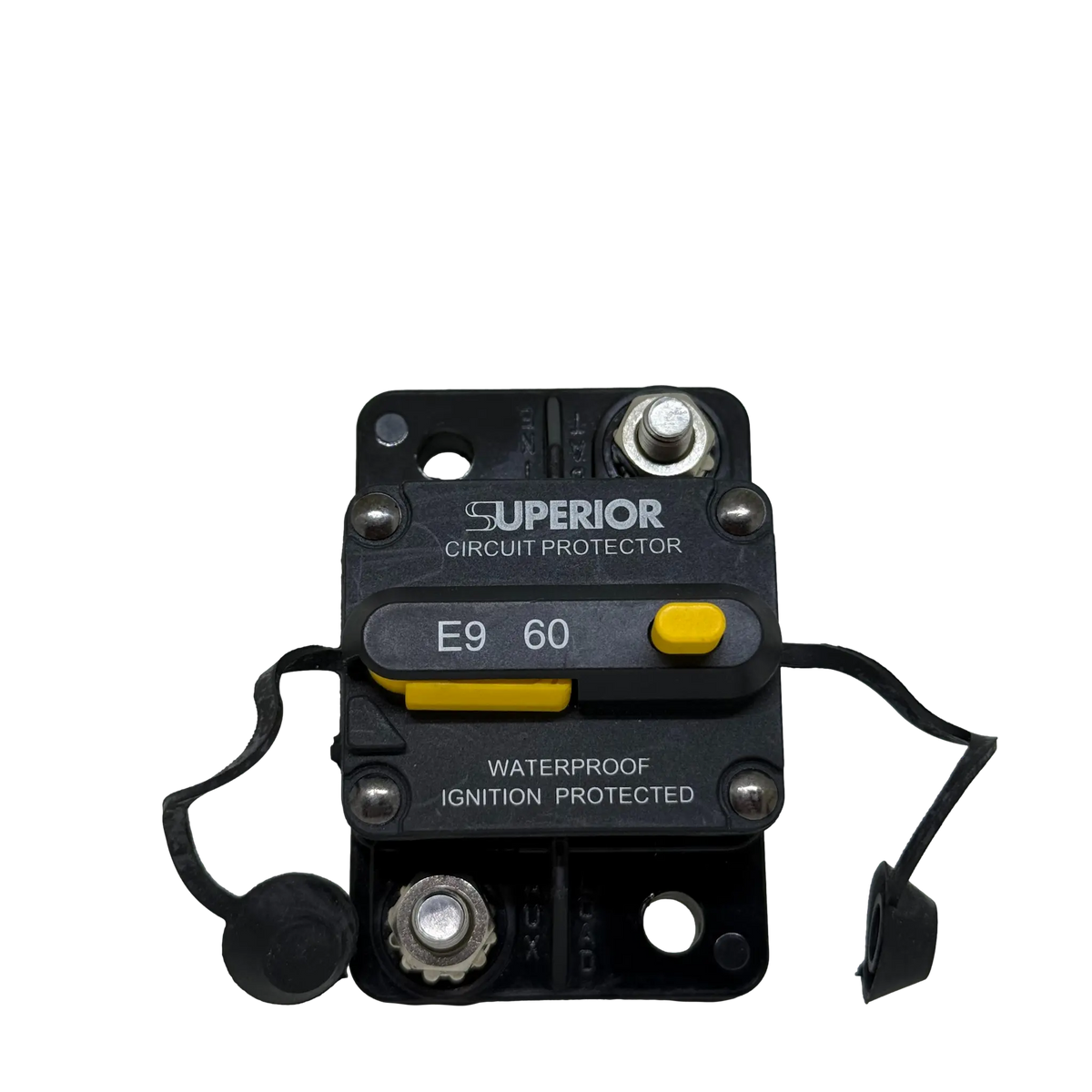 Rekcharge 60A Inline Waterproof Resettable Circuit Breaker front view with terminal covers.