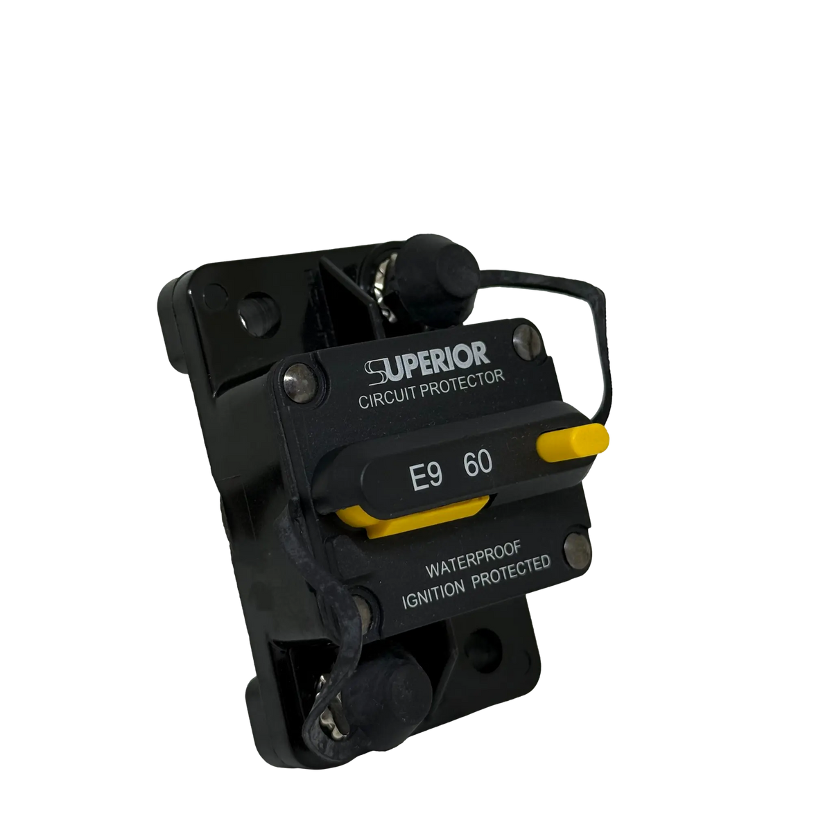 Rekcharge 60A Inline Waterproof Resettable Circuit Breaker front-left product view.