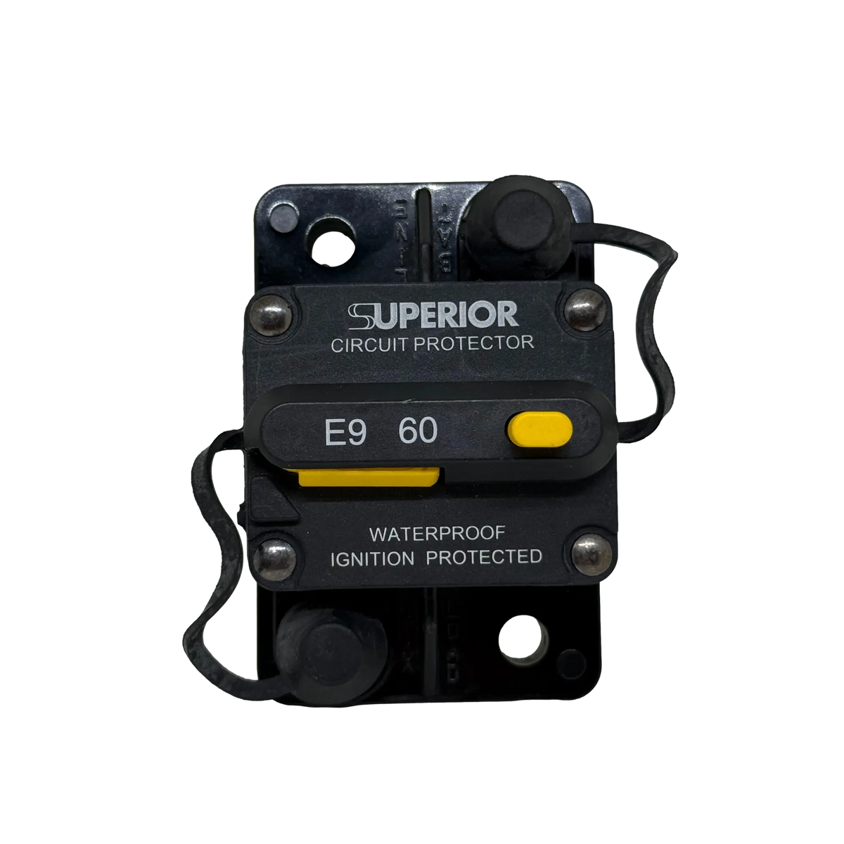 Rekcharge 60A Inline Waterproof Resettable Circuit Breaker front close-up.