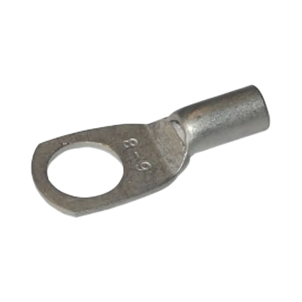 Rekcharge 6mm battery cable lug with an 8mm hole, angled to show its crimp barrel and stamped size.