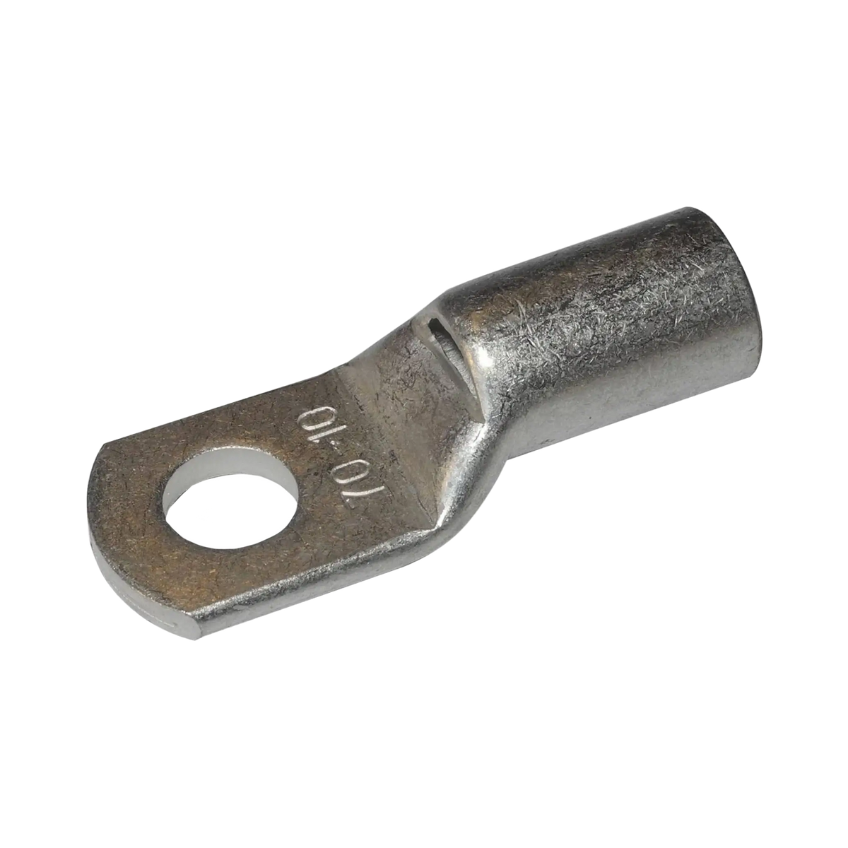 Rekcharge 70mm battery cable lug with 10mm hole in an angled view showing the crimp barrel.