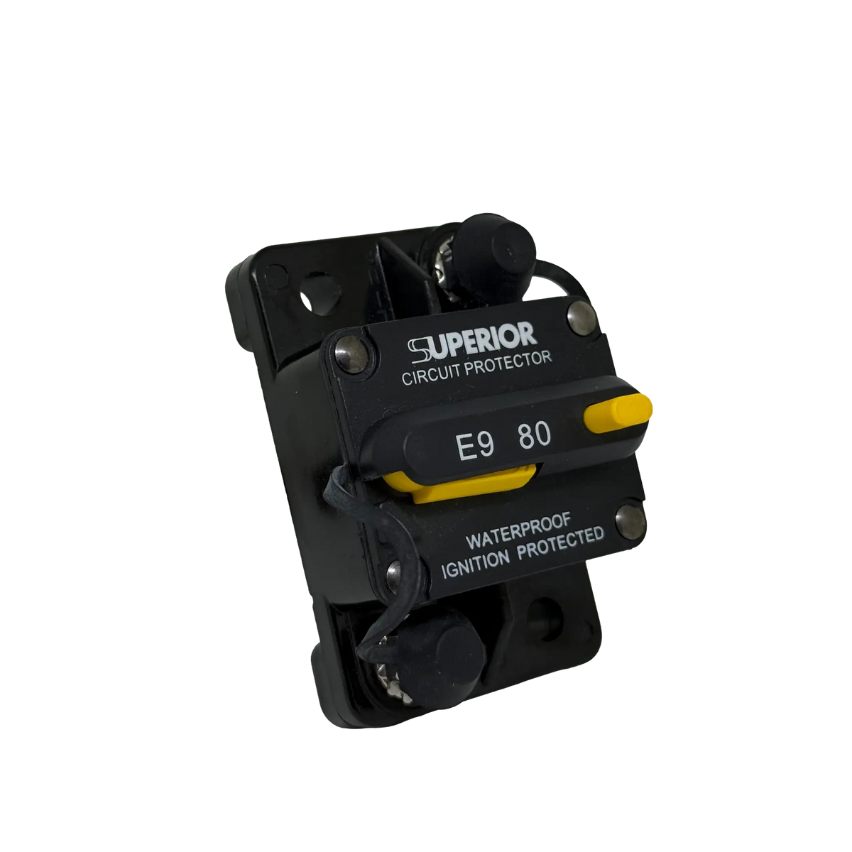 Rekcharge 80A Inline Waterproof Resettable Circuit Breaker front-left product view.