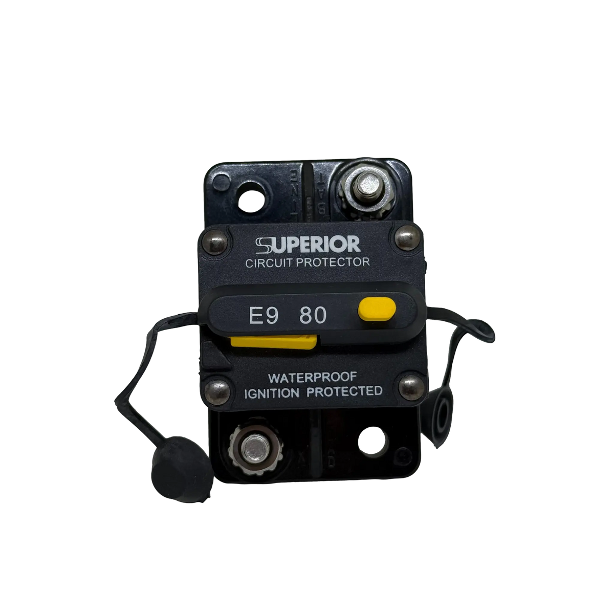 Rekcharge 80A Inline Waterproof Resettable Circuit Breaker front view with terminal covers.