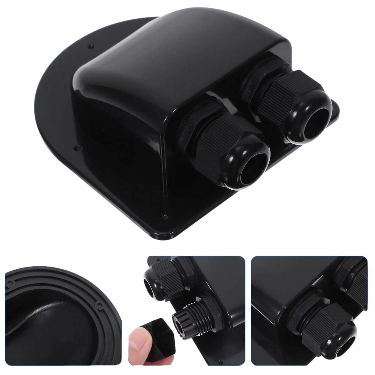 Rekcharge Black ABS Double Cable Entry Gland angled view with other images.