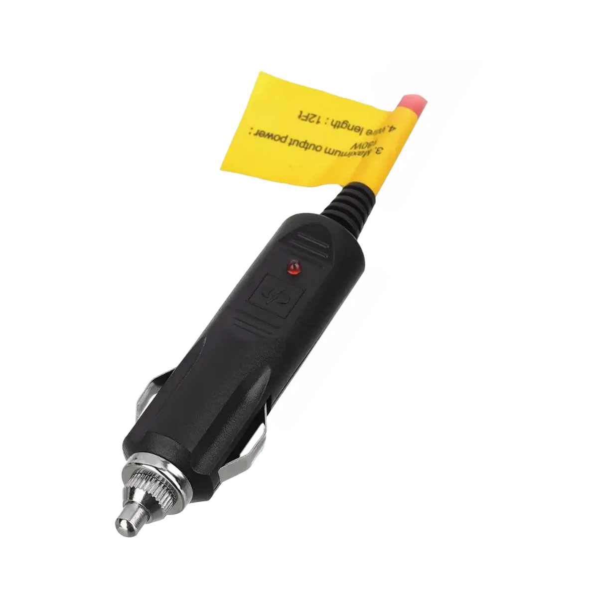 Rekcharge cigarette lighter extension lead plug close up with a metal tip and red indicator.