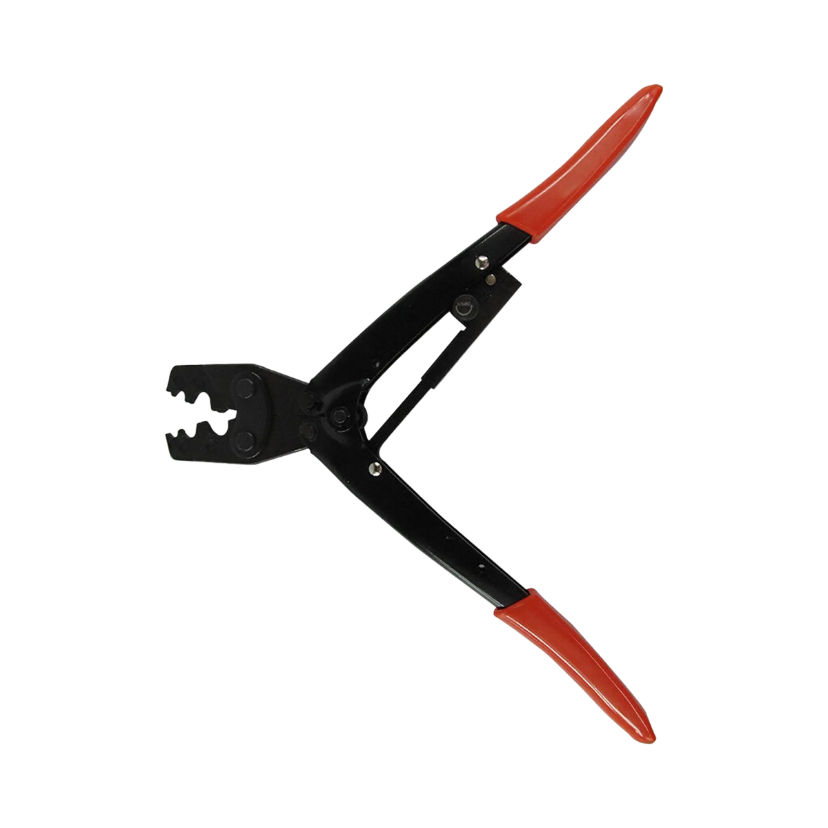 Rekcharge crimping tool for Anderson connectors and lugs with the jaws open and red handles spread apart.