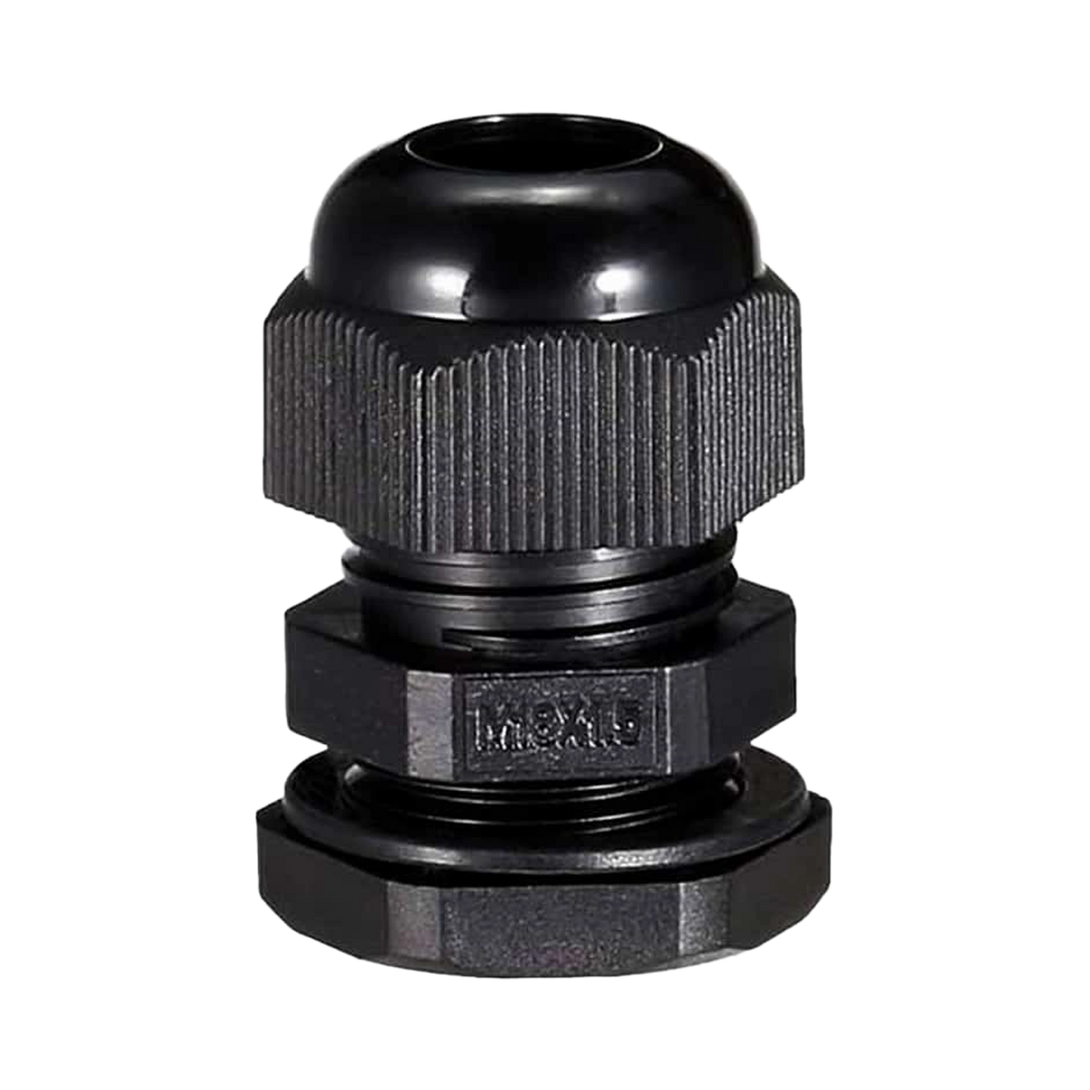 Rekcharge M18 black nylon cable gland straight side view with ribbed cap and mounting nut.