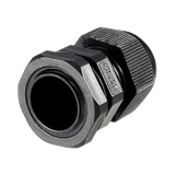 Rekcharge M18 black nylon cable gland front angled view showing the cable opening and locking nut.