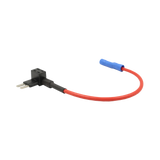 Rekcharge Micro 2 blade fuse tap holder with red lead and blue crimp connector in an angled view.