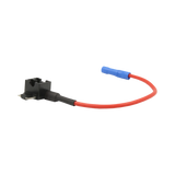 Rekcharge micro blade fuse tap holder side view with a curved lead and blue crimp connector.