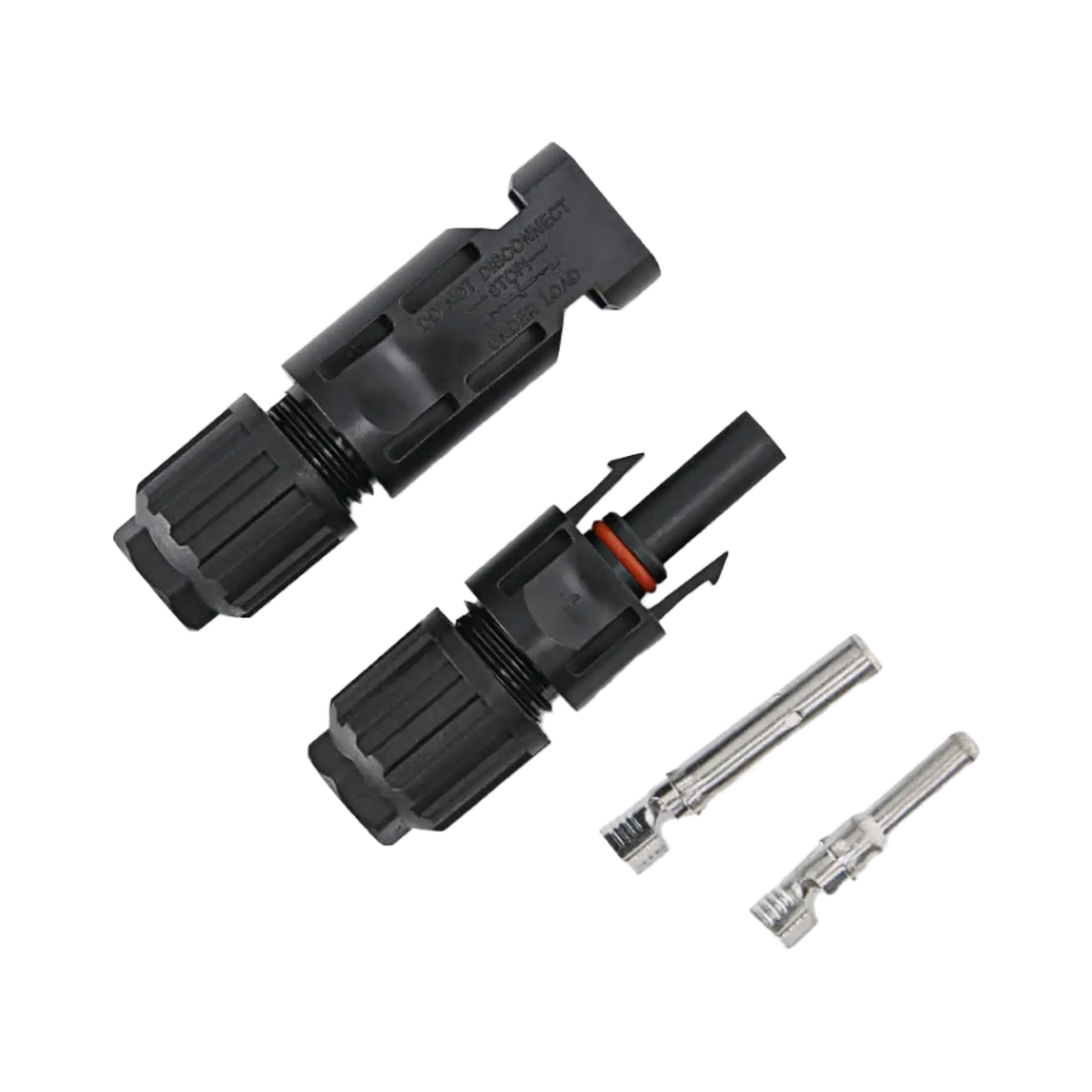 Rekcharge solar MC4 connector pair separated beside the two metal crimp contacts.