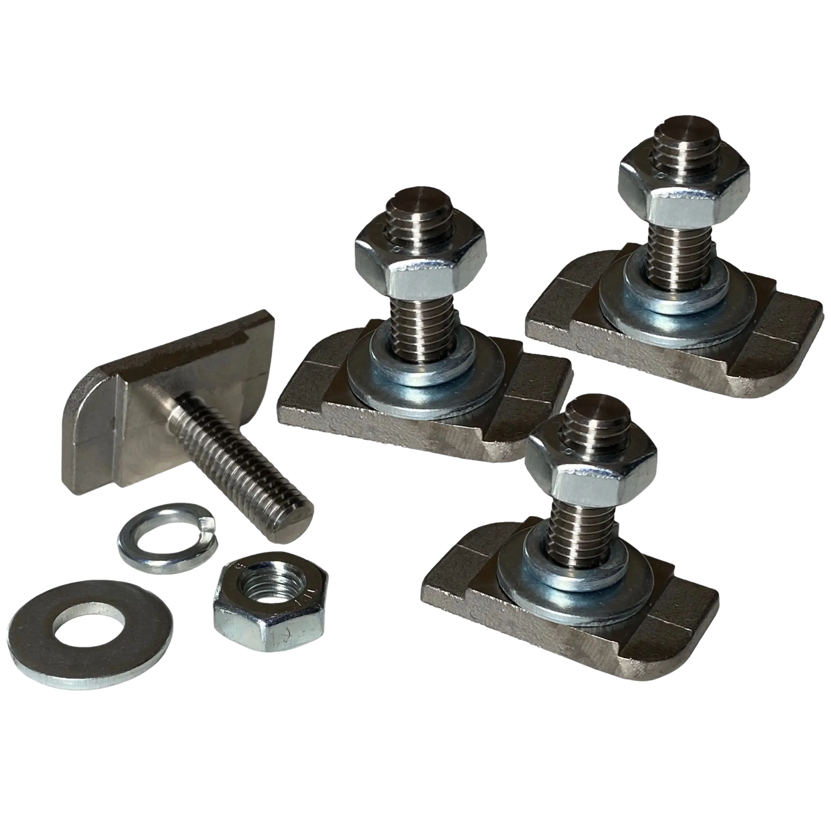 Rekcharge stainless steel roof rack T-bolt set with four bolts, nuts and washers.