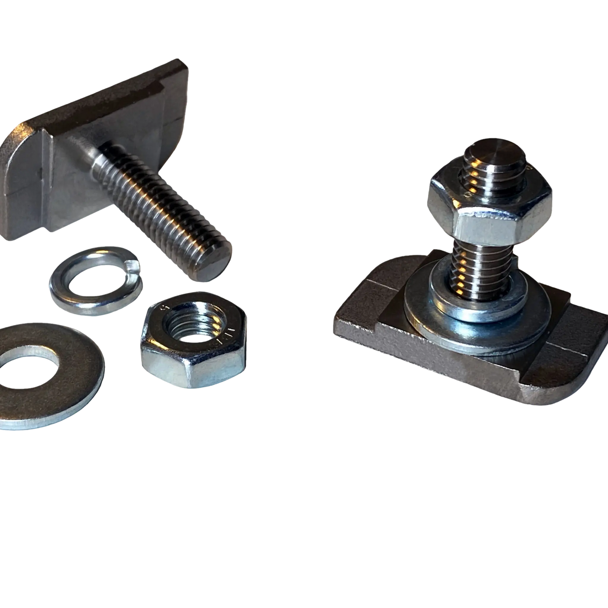 Rekcharge stainless steel roof rack T-bolts close-up with loose nuts and washers.