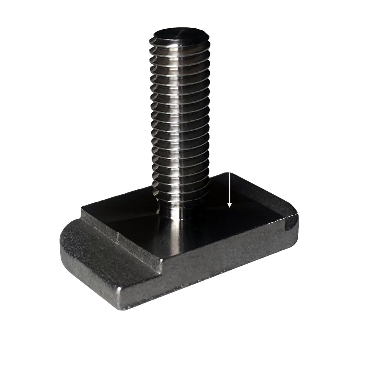 Single Rekcharge stainless steel roof rack T-bolt with thread and rectangular channel head.