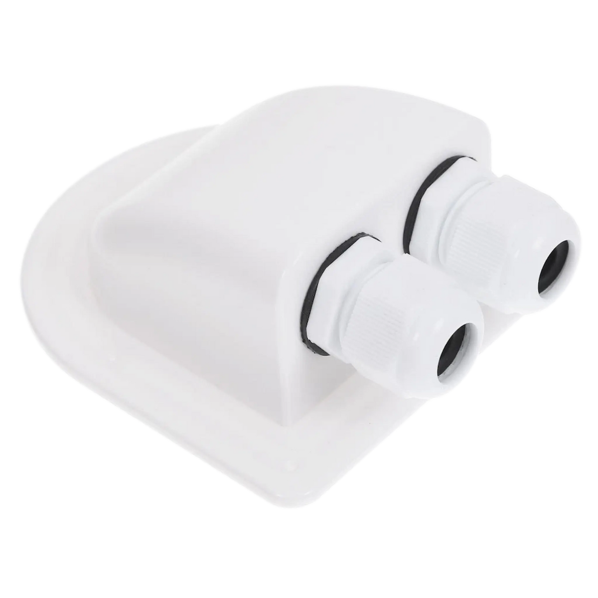 Rekcharge White ABS Double Cable Entry Gland angled front-left view with twin cable glands.