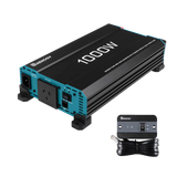 Renogy 1000W pure sine wave inverter with UPS function in a front right view beside its wired remote.