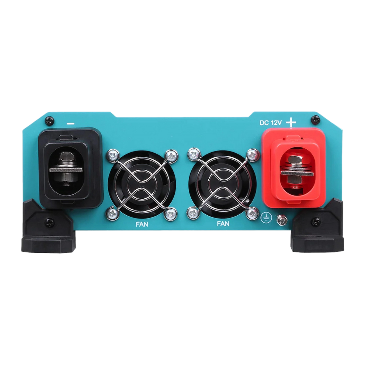 Renogy 1000W pure sine wave inverter rear panel with positive and negative terminals and two cooling fans.
