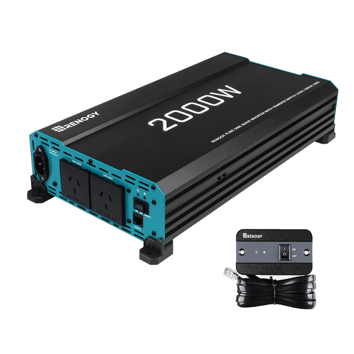 Renogy 2000W pure sine wave inverter with UPS function in a front right view beside its wired remote.