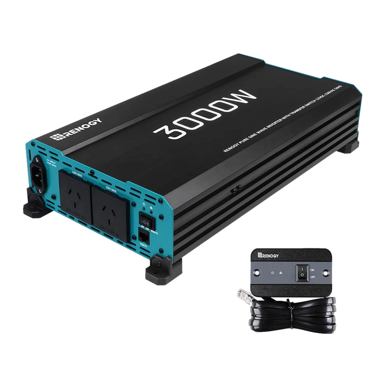 Renogy 3000W pure sine wave inverter with UPS function in a front right view with wired remote and cable.