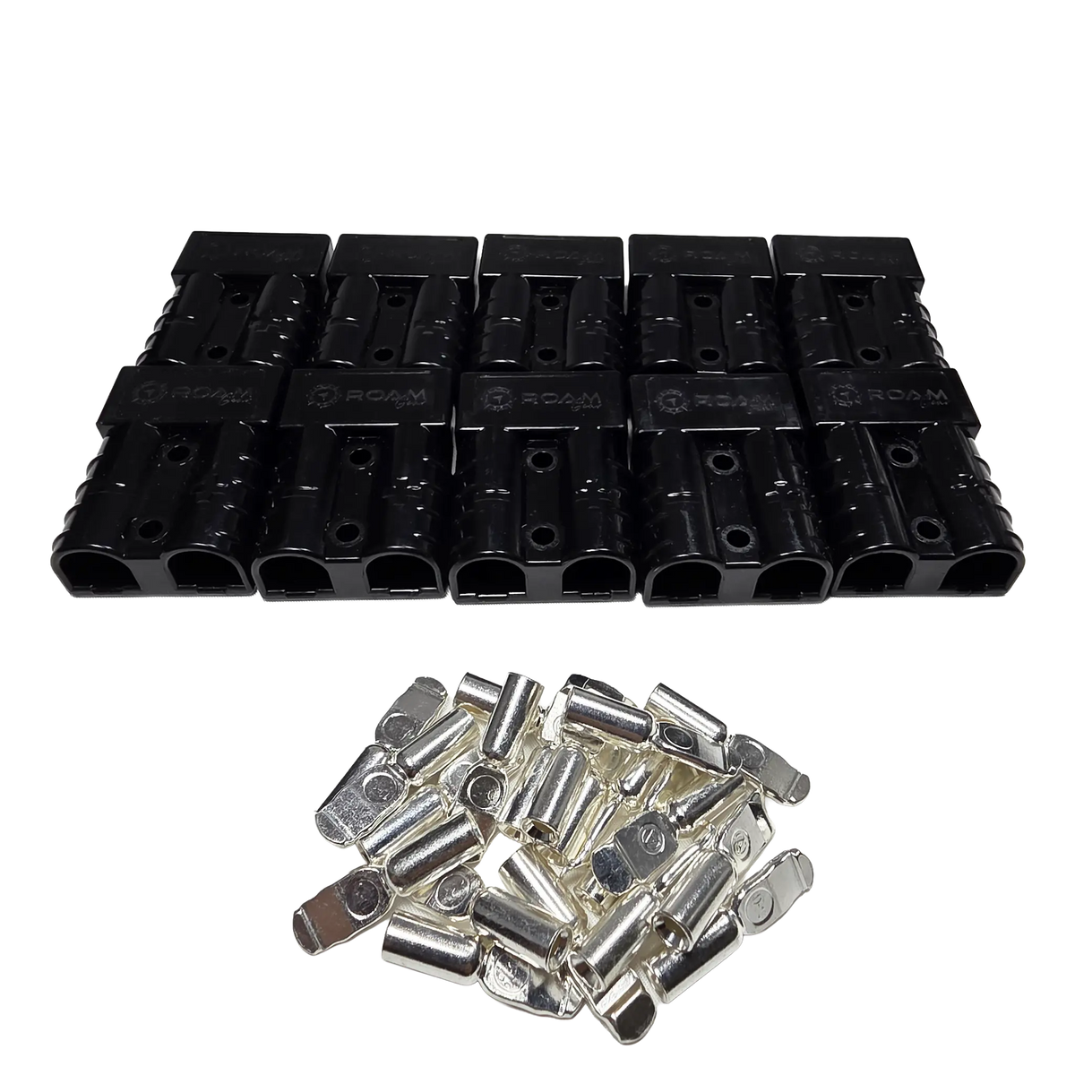 Roam Gear 10 pack of black 50A Anderson plugs in two rows with loose metal contacts in front.