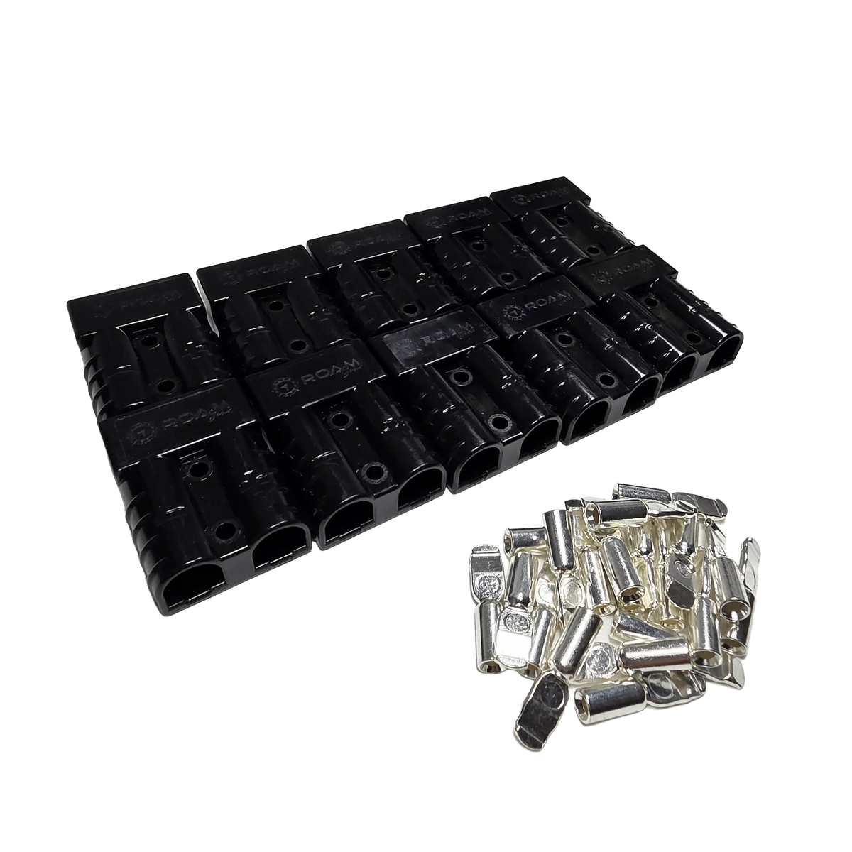 Roam Gear 10 pack of black 50A Anderson plugs viewed from the left with loose contacts beside them.