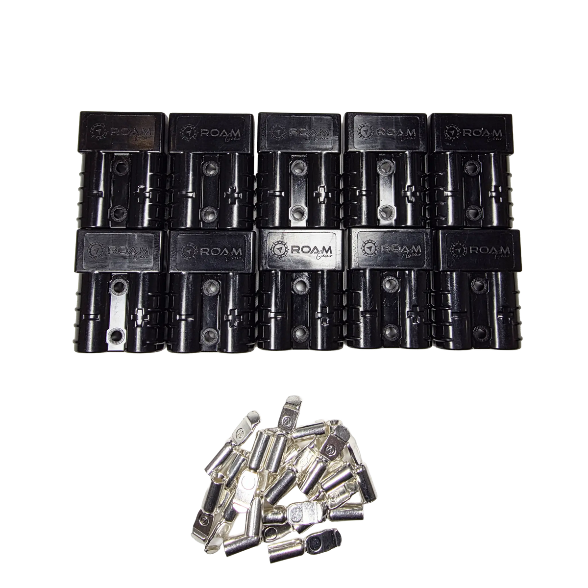 Roam Gear 10 pack of black 50A Anderson plugs viewed from above with loose contacts below the housings.