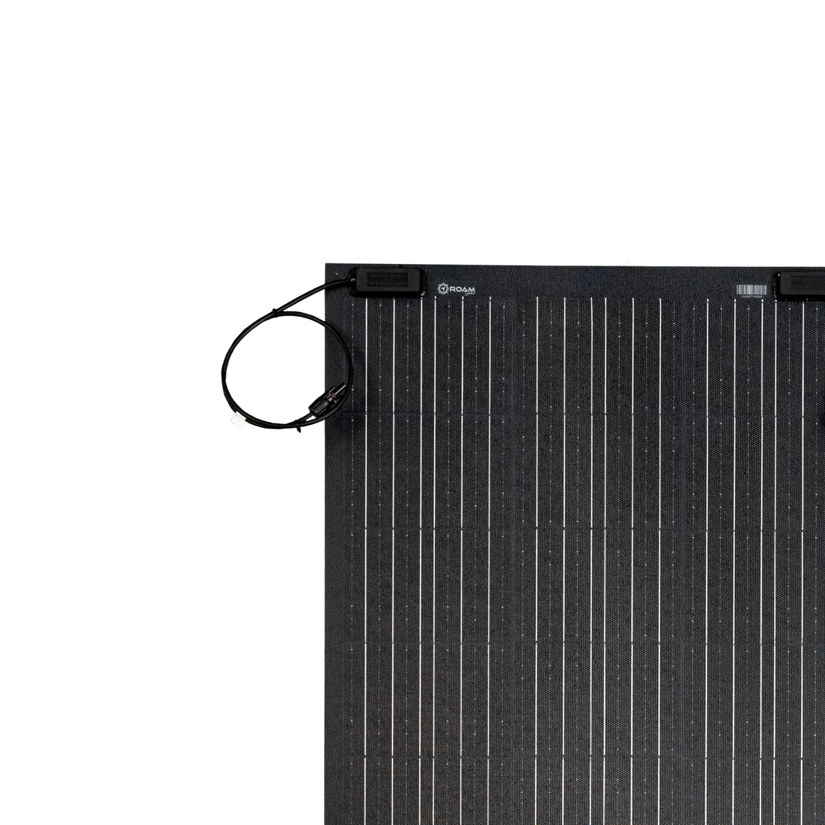 Roam Gear 100W 12V Black ETFE flexible solar panel close-up of corner junction box and cable.