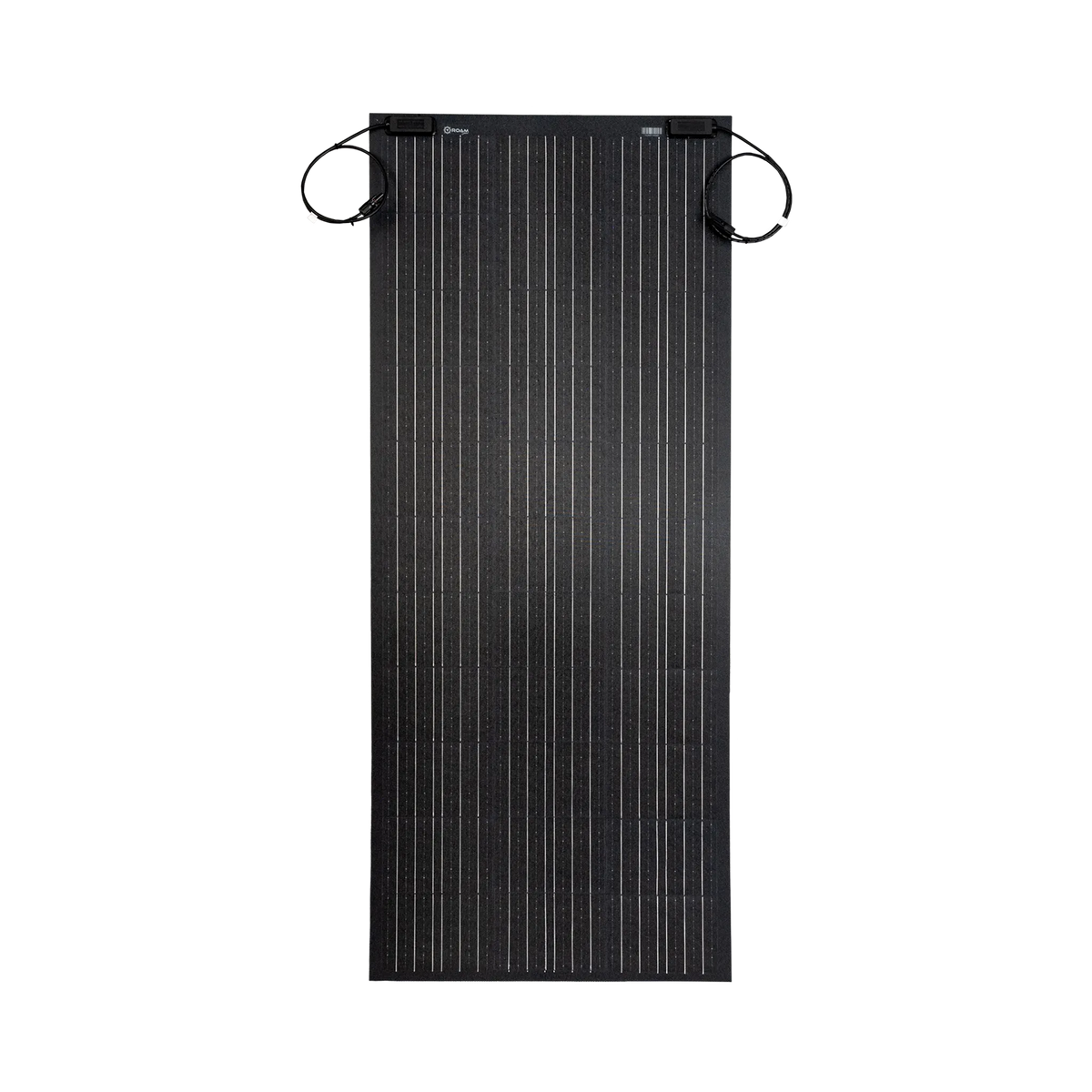 Roam Gear 100W 12V Black ETFE flexible solar panel straight front view with junction box and cables.