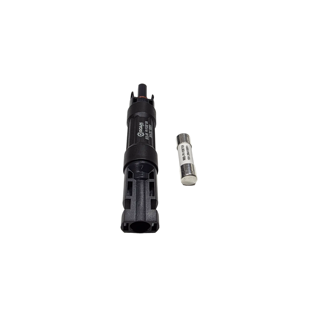 Roam Gear 15A MC4 inline fuse holder with one connector end facing forwards and a spare fuse alongside.