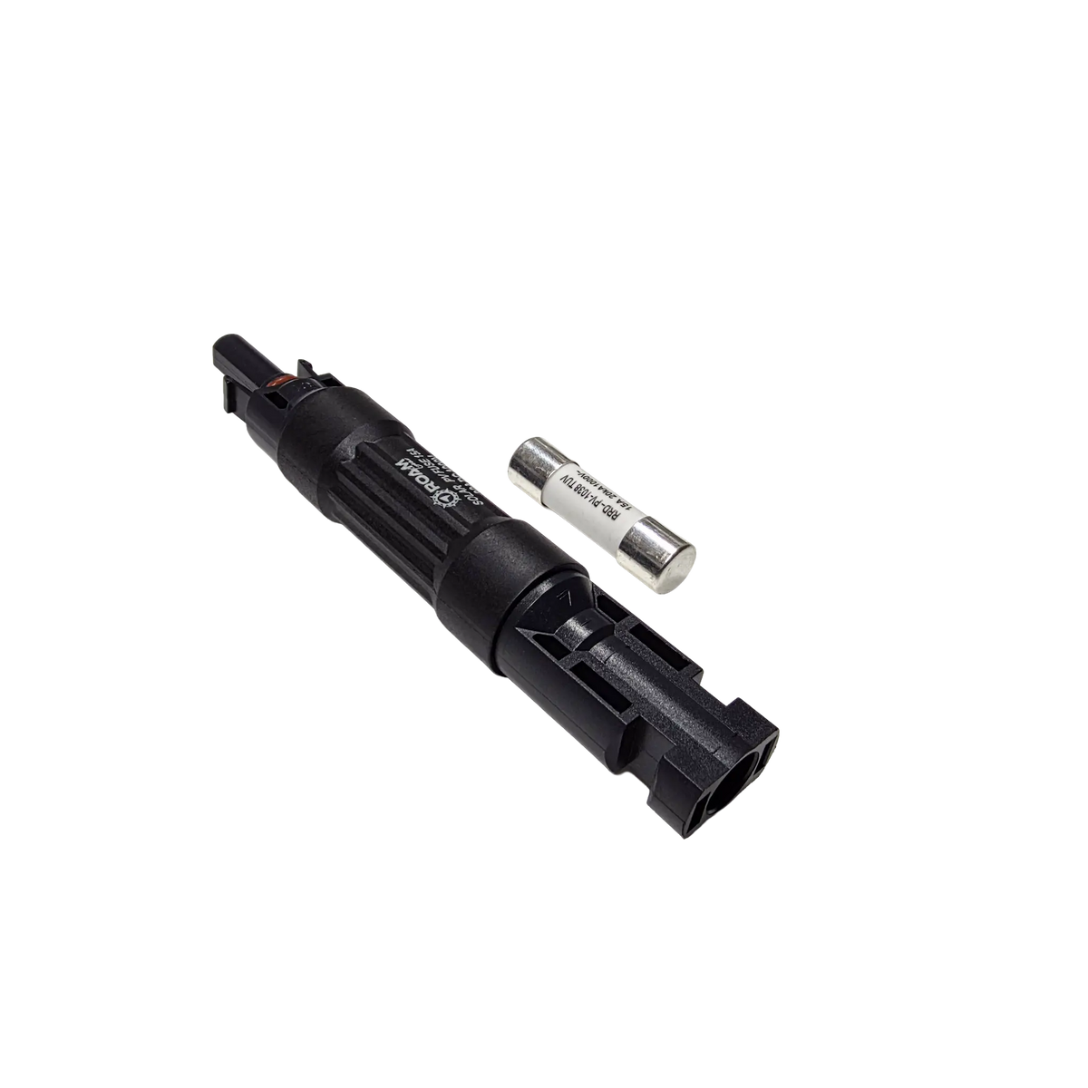 Roam Gear 15A MC4 inline fuse holder viewed from the left with a spare fuse.