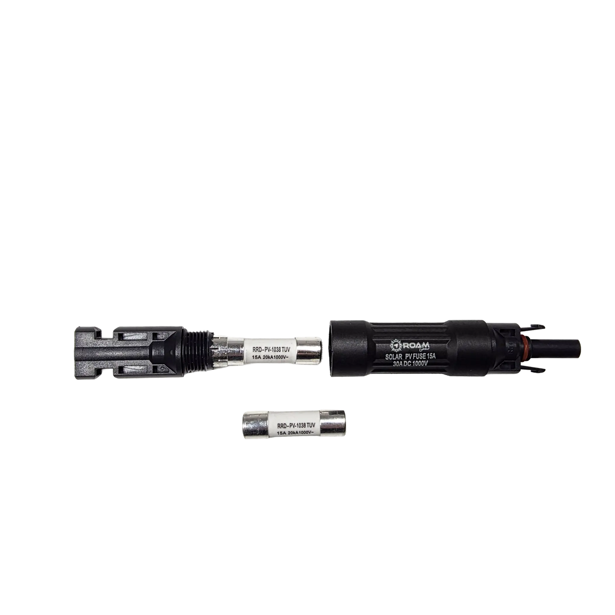 Roam Gear 15A MC4 inline fuse holder opened in a top view with the threaded connection and two fuses visible.