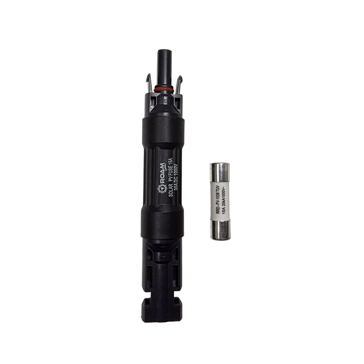 Roam Gear 15A MC4 inline fuse holder viewed from above with a spare fuse beside it.