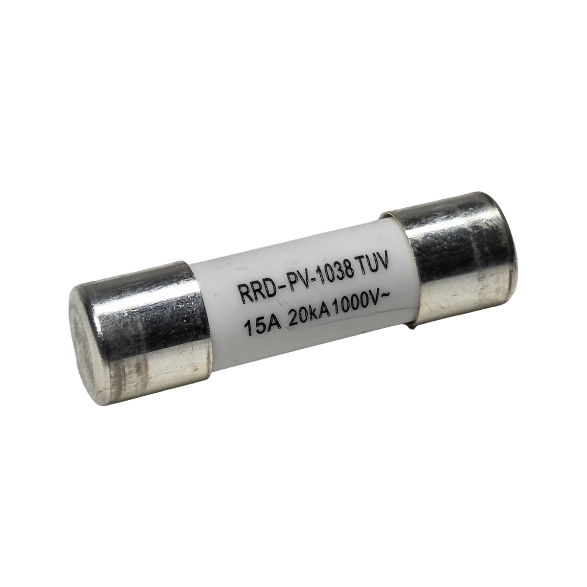Roam Gear 15A MC4 inline replacement fuse angled view with the left metal end cap and printed rating.