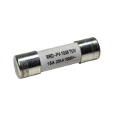 Roam Gear 15A MC4 inline replacement fuse angled view with the left metal end cap and printed rating.