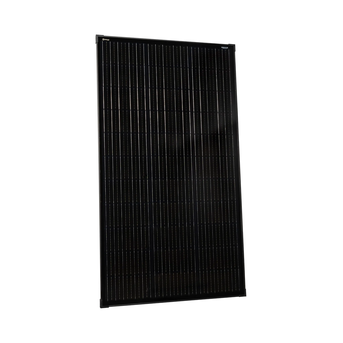 Roam Gear 160W 12V slimline black glass solar panel front angled view showing the narrow frame and solar cells.