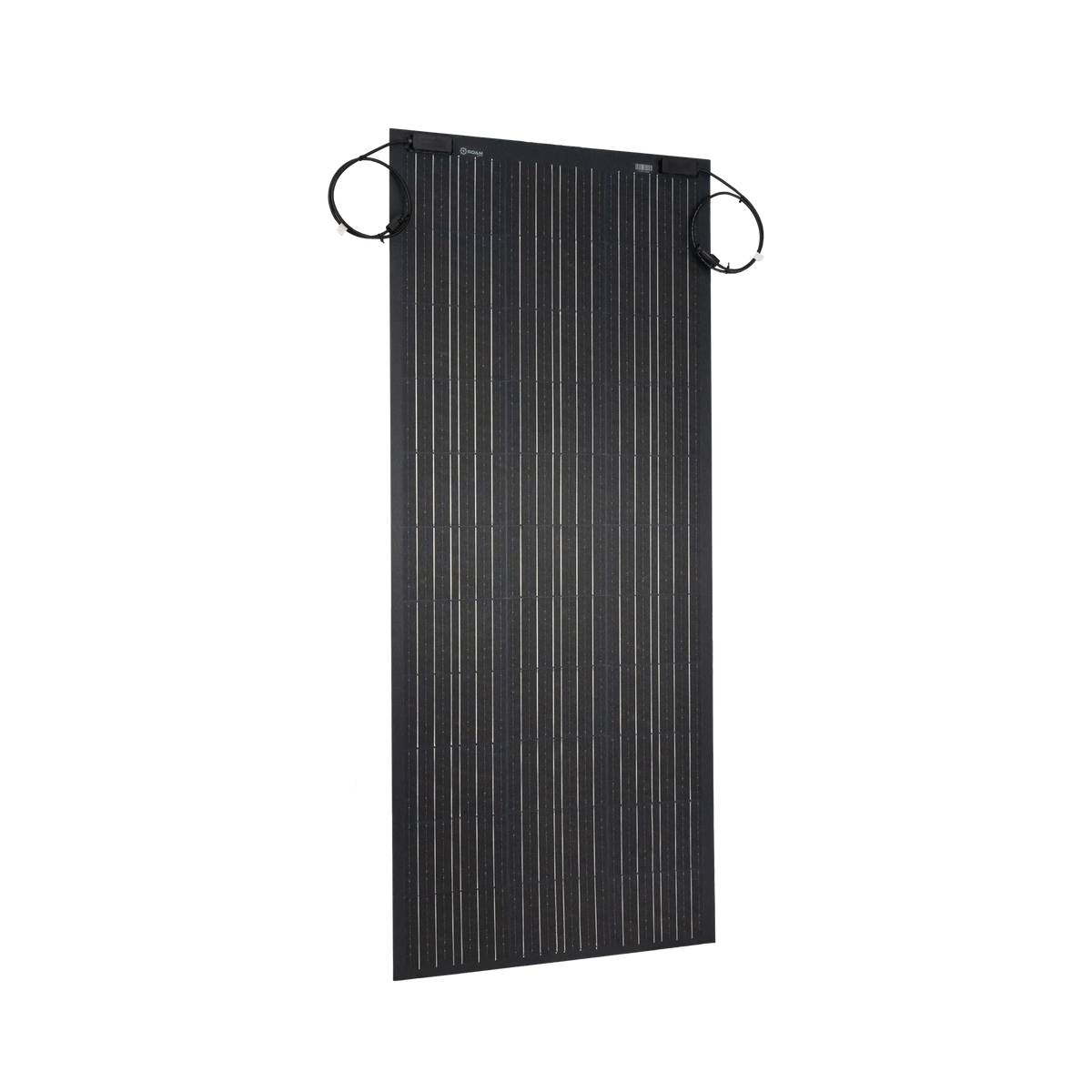 Roam Gear 200W 12V black ETFE flexible solar panel front angled view with positive and negative leads looped beside it.