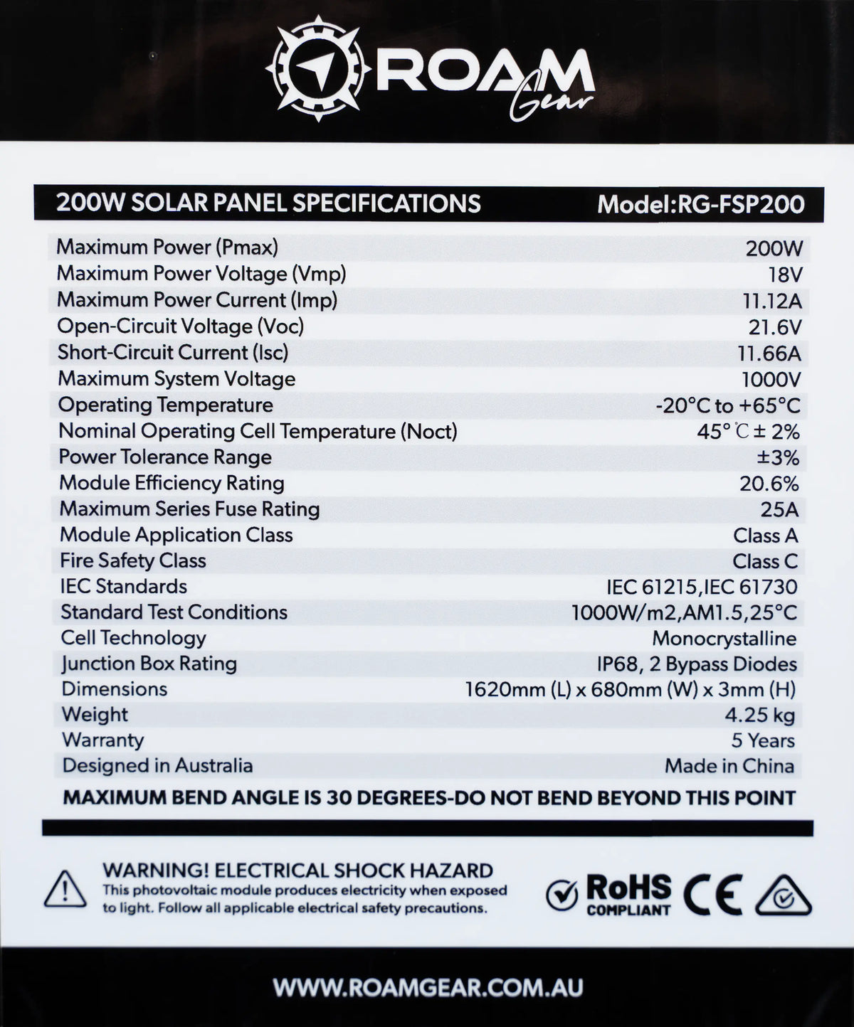 Roam Gear 200W 12V black ETFE flexible solar panel specifications label with electrical ratings, dimensions and weight.