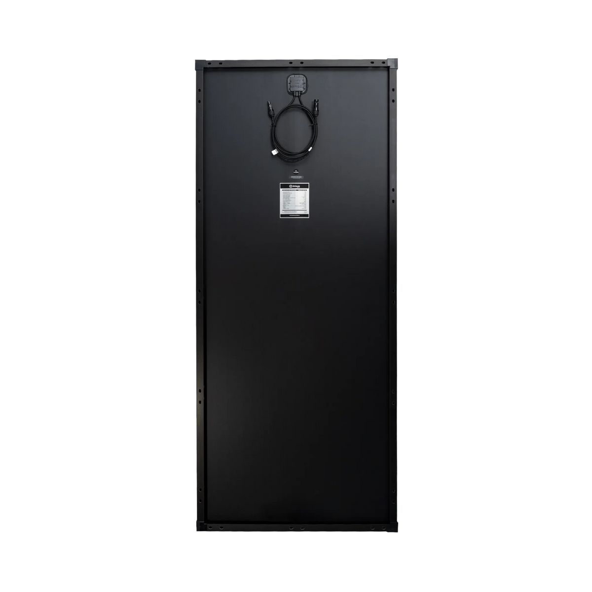 Roam Gear 200W 12V black glass solar panel rear view with a junction box and coiled positive and negative leads.