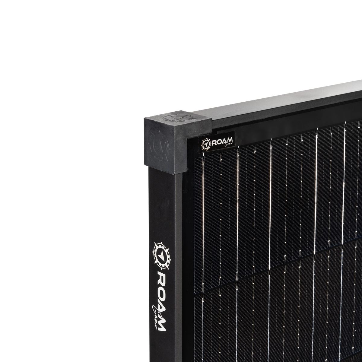 Roam Gear 200W 12V black glass solar panel corner close up with a cap, side frame logo and cell detail.