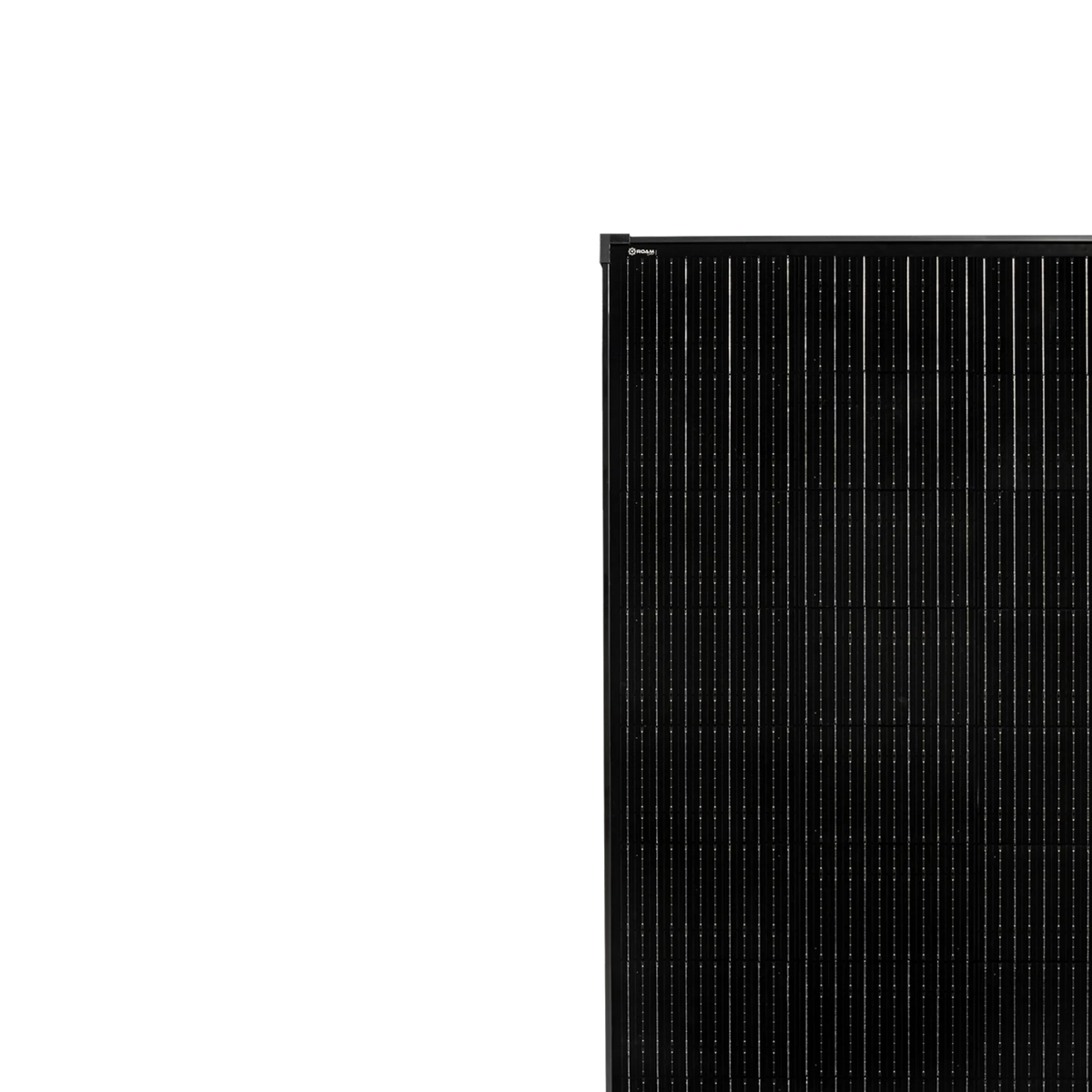 Roam Gear 200W 12V black glass solar panel upper front section showing the top rail and roam gear logo in the corner.